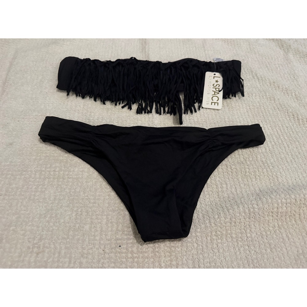 L Space by Monica Wise Black Fringe Bandeau Bitsy Cut Bikini Set Large NWOT